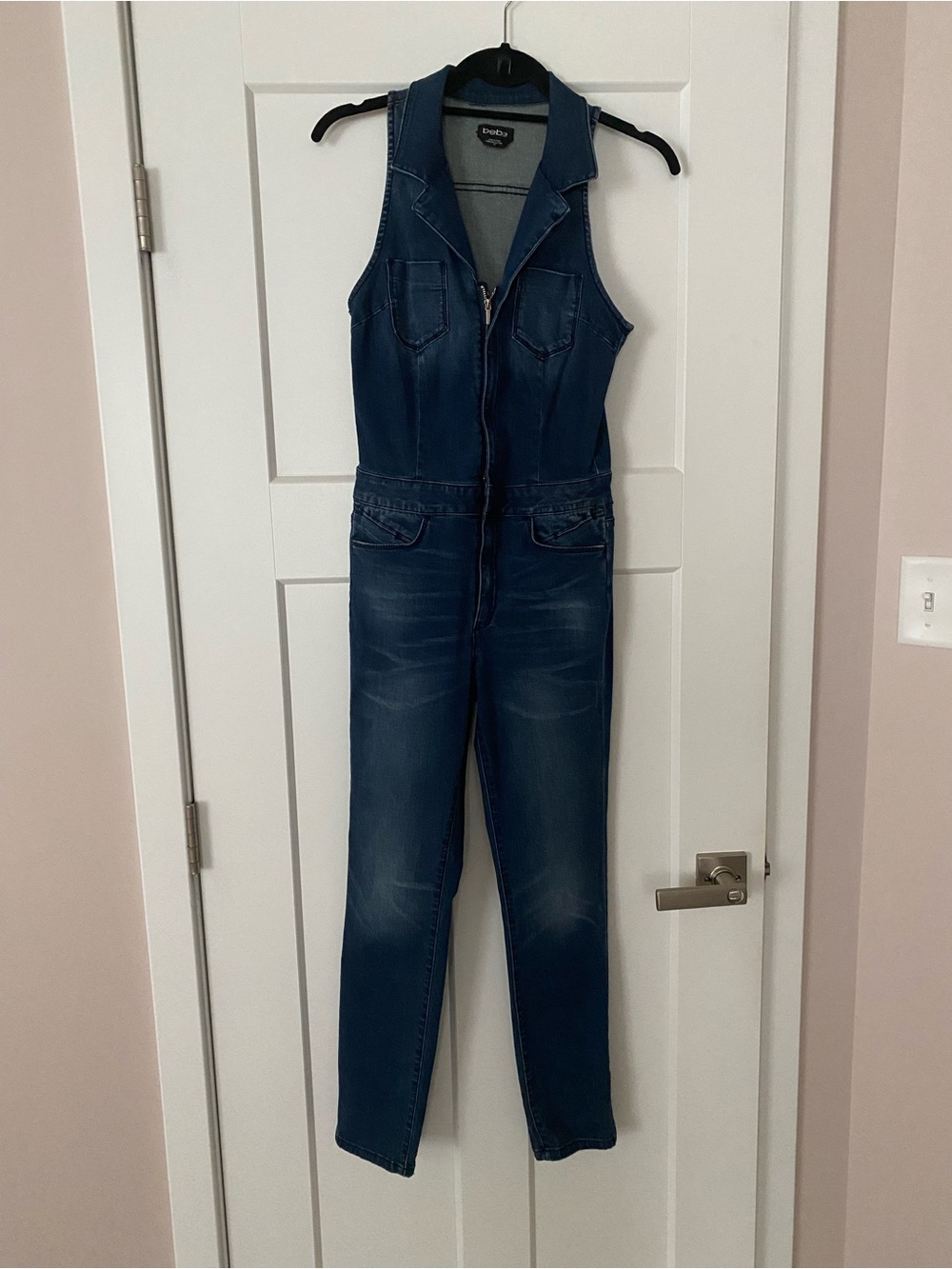 bebe Dark Blue Sleeveless Denim Jumpsuit with Front Zip